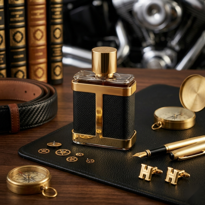 "Carolina Herrera CH HC MEN LIMITED EDITION EDP Spray 3.4oz / 100ml perfume bottle displayed in an elegant black and gold setting."