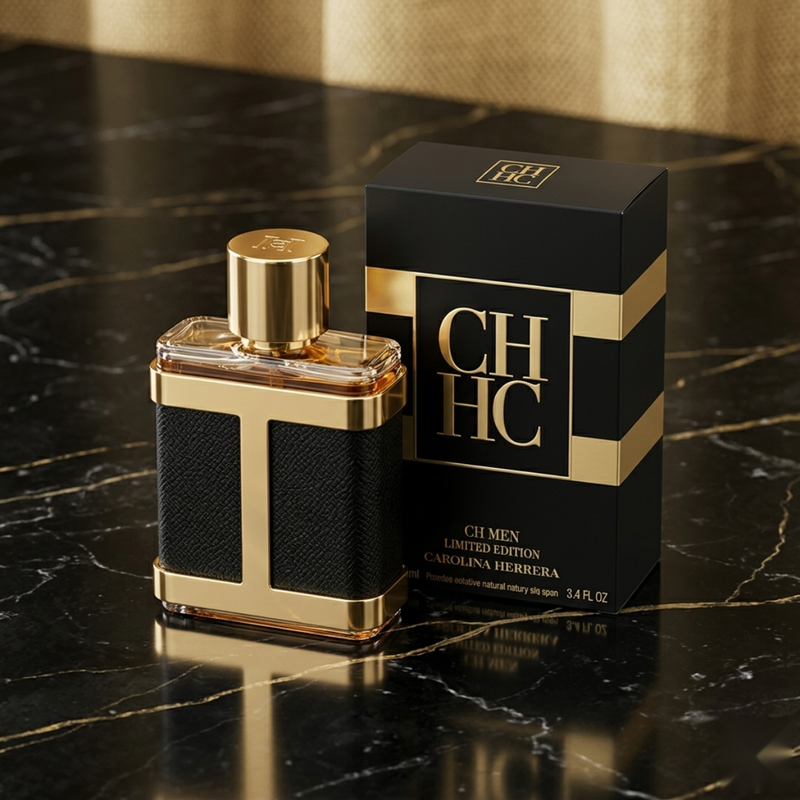 "Carolina Herrera CH HC MEN LIMITED EDITION EDP Spray 3.4oz / 100ml perfume bottle and matching black and gold box displayed on a black marble surface."