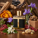 "Carolina Herrera CH HC MEN LIMITED EDITION perfume bottle displayed with flowers, spices and decorative fragrance ingredients."