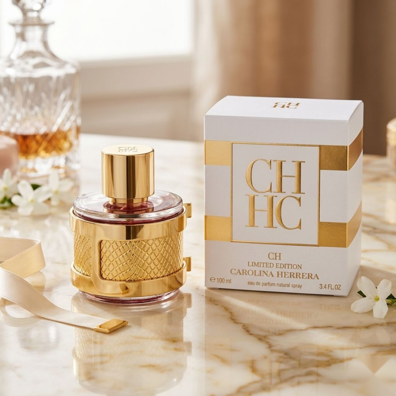 "Carolina Herrera CH Insignia Limited Edition EDP Spray 3.4oz / 100ml (WHITE) perfume bottle and matching white and gold box."