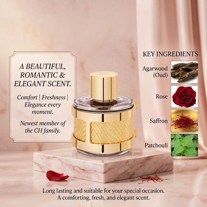 "Carolina Herrera CH Insignia Limited Edition perfume bottle displayed with flowers, citrus fruits and decorative fragrance ingredients."