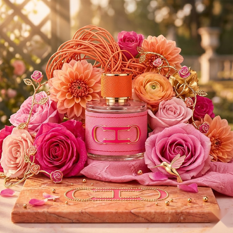 "Carolina Herrera CH Pasión EDP Spray 3.4oz / 100ml for Women perfume bottle displayed with pink roses and decorative flowers."