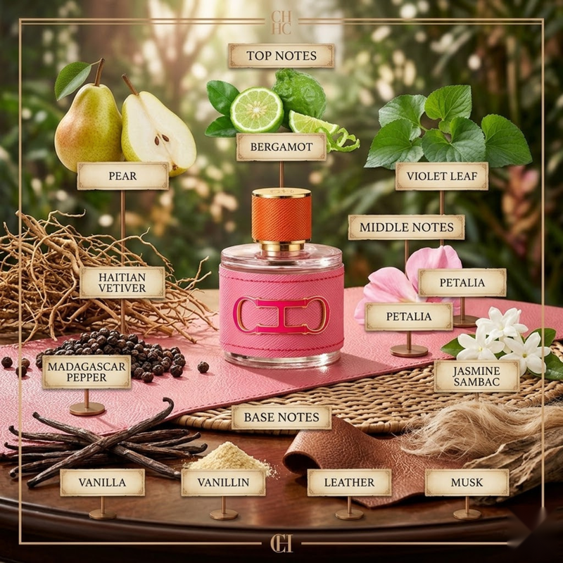 "Carolina Herrera CH Pasión perfume bottle displayed with citrus fruits, flowers and decorative fragrance ingredients."