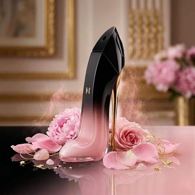 "Carolina Herrera Good Girl Blush Elixir EDP Elixir Spray 2.7oz / 80ml perfume bottle displayed with pink roses and decorative flowers."