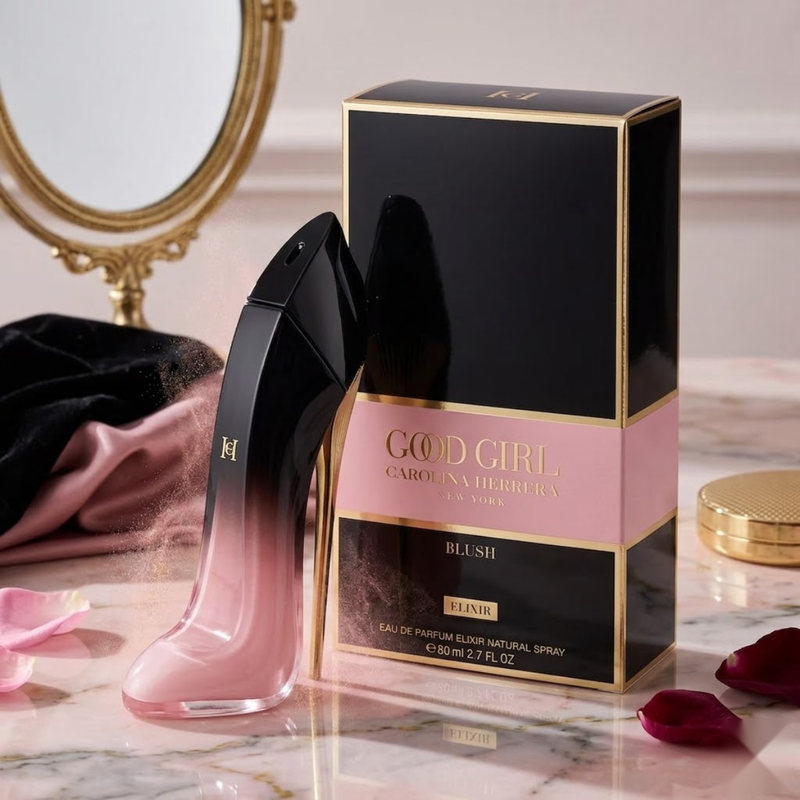 Carolina Herrera Good Girl Blush Elixir EDP Elixir Spray 2.7oz / 80ml perfume bottle and matching black and pink box."