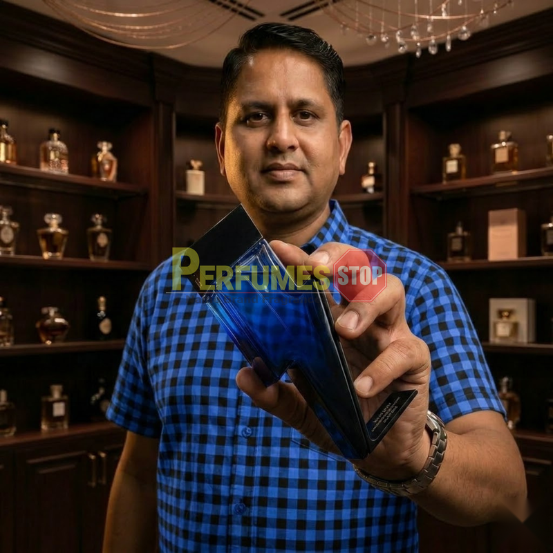 "Perfumes Stop owner holding a bottle of Carolina Herrera New York Bad Boy COBALT EDP Electrique Spray 3.4oz / 100ml."
