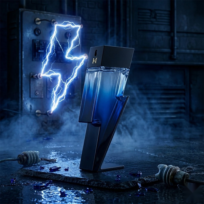"Carolina Herrera New York Bad Boy COBALT EDP Electrique Spray 3.4oz / 100ml perfume bottle displayed in a blue lightning-themed decorative setting."