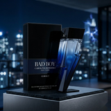"Carolina Herrera New York Bad Boy COBALT EDP Electrique Spray 3.4oz / 100ml perfume bottle and matching black box."