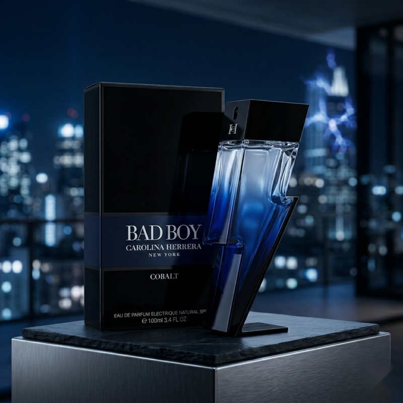 "Carolina Herrera New York Bad Boy COBALT EDP Electrique Spray 3.4oz / 100ml perfume bottle and matching black box."