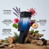 "Carolina Herrera New York Bad Boy COBALT perfume bottle displayed with lavender, pink pepper, plum and decorative fragrance ingredients."