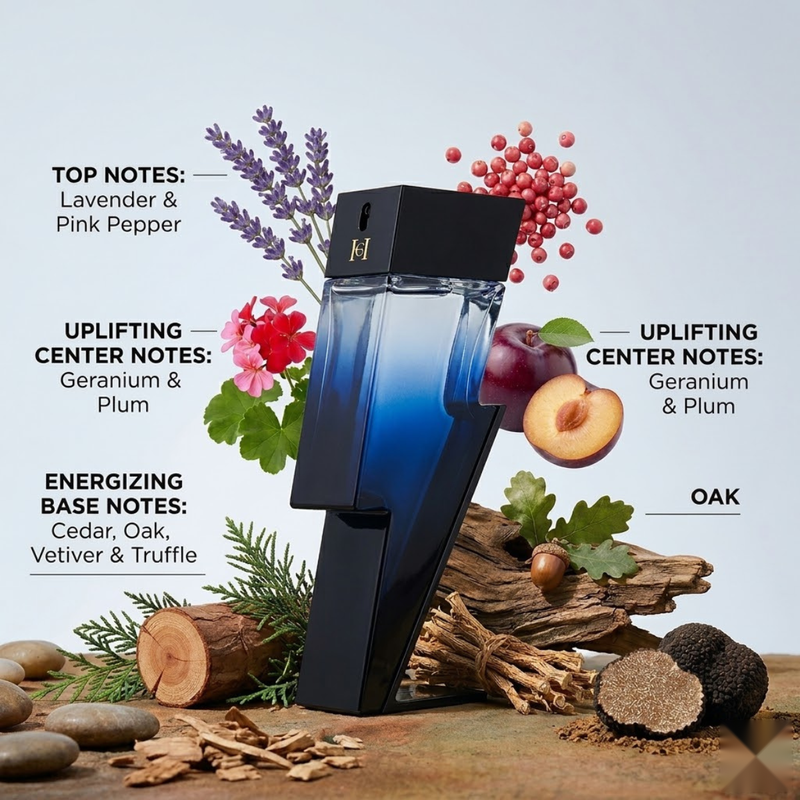 "Carolina Herrera New York Bad Boy COBALT perfume bottle displayed with lavender, pink pepper, plum and decorative fragrance ingredients."