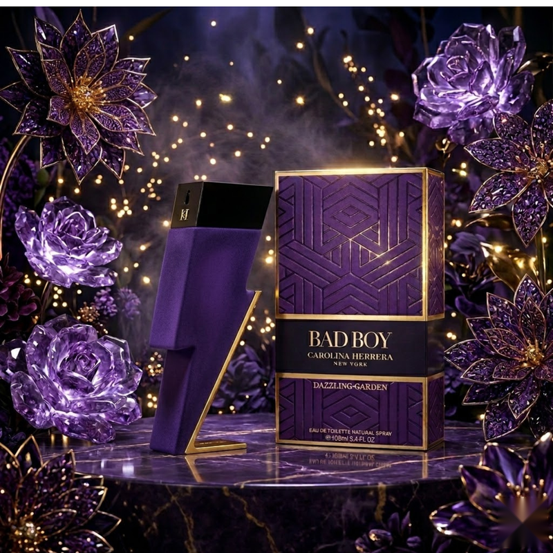 "Carolina Herrera New York Bad Boy Dazzling Garden EDT Spray 3.4oz / 100ml perfume bottle and matching purple box."