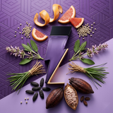 "Carolina Herrera New York Bad Boy Dazzling Garden perfume bottle displayed with grapefruit, white pepper, purple flowers and decorative fragrance ingredients."