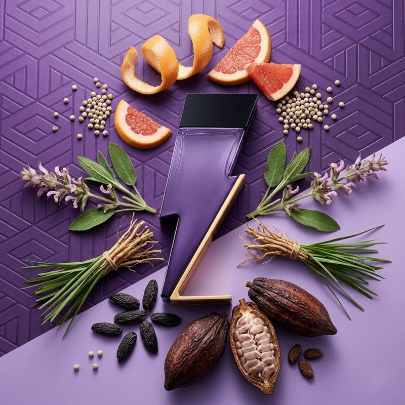 "Carolina Herrera New York Bad Boy Dazzling Garden perfume bottle displayed with grapefruit, white pepper, purple flowers and decorative fragrance ingredients."