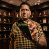 "Perfumes Stop owner holding a bottle of Carolina Herrera New York Bad Boy EDT Spray 5.1oz / 150ml."