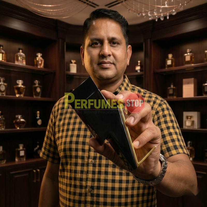 "Perfumes Stop owner holding a bottle of Carolina Herrera New York Bad Boy EDT Spray 5.1oz / 150ml."