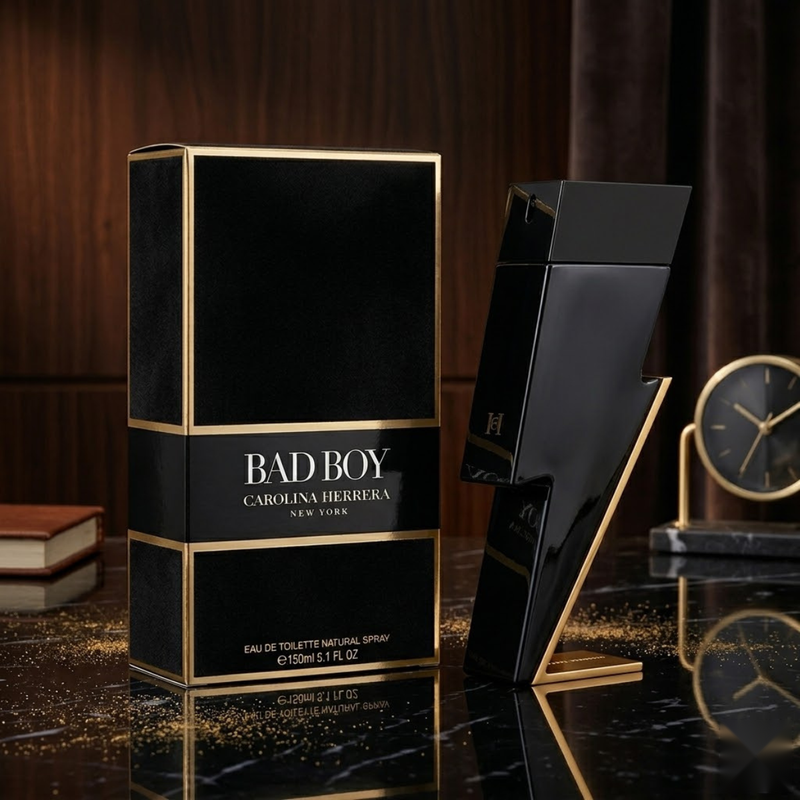 "Carolina Herrera New York Bad Boy EDT Spray 5.1oz / 150ml perfume bottle and matching black box."