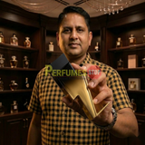 "Perfumes Stop owner holding a bottle of Carolina Herrera New York Bad Boy Extreme EDP Extreme Spray 3.4oz."