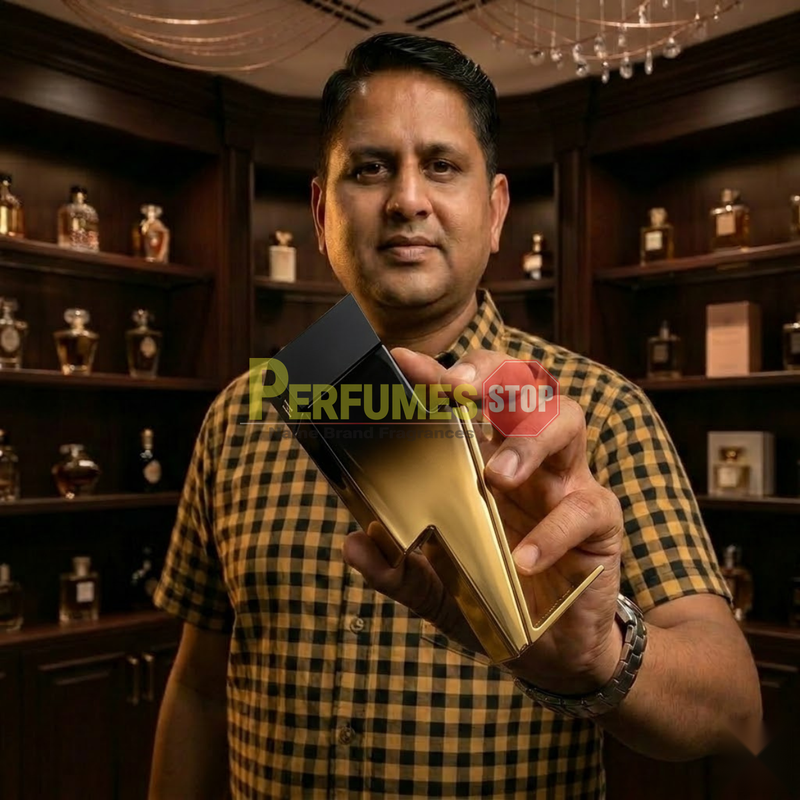 "Perfumes Stop owner holding a bottle of Carolina Herrera New York Bad Boy Extreme EDP Extreme Spray 3.4oz."