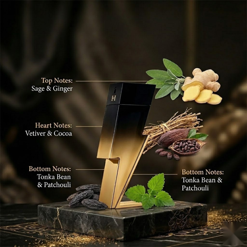 "Carolina Herrera New York Bad Boy Extreme perfume bottle displayed with sage, ginger and decorative fragrance ingredients.