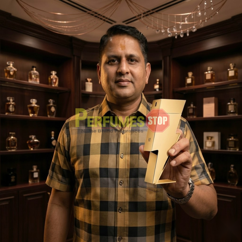 "Perfumes Stop owner holding a bottle of Carolina Herrera New York Bad Boy Gold Fantasy EDT Spray 3.4oz / 100ml."
