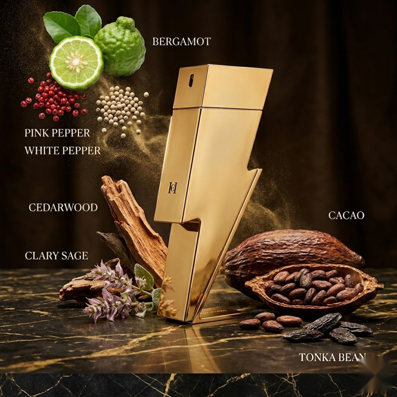 "Carolina Herrera New York Bad Boy Gold Fantasy perfume bottle displayed with bergamot, pink pepper, white pepper and decorative fragrance ingredients."