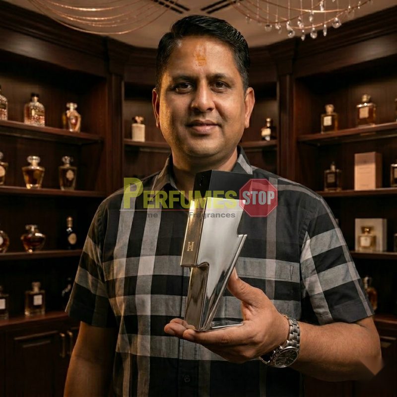 "Perfumes Stop owner holding a bottle of Carolina Herrera New York Bad Boy Superstars EDT Spray 3.4oz / 100ml."