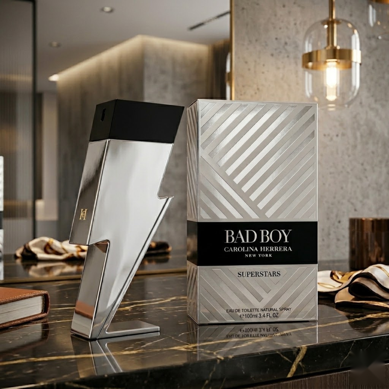 "Carolina Herrera New York Bad Boy Superstars EDT Spray 3.4oz / 100ml perfume bottle and matching white and black box."