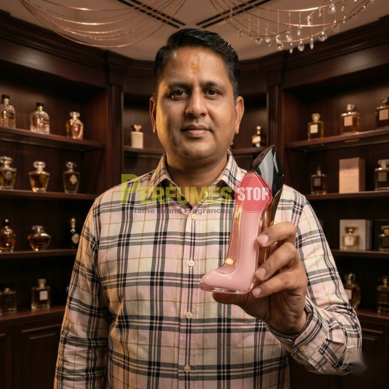 "Perfumes Stop owner holding a bottle of Carolina Herrera New York Good Girl Blush EDP Spray 2.7oz / 80ml."