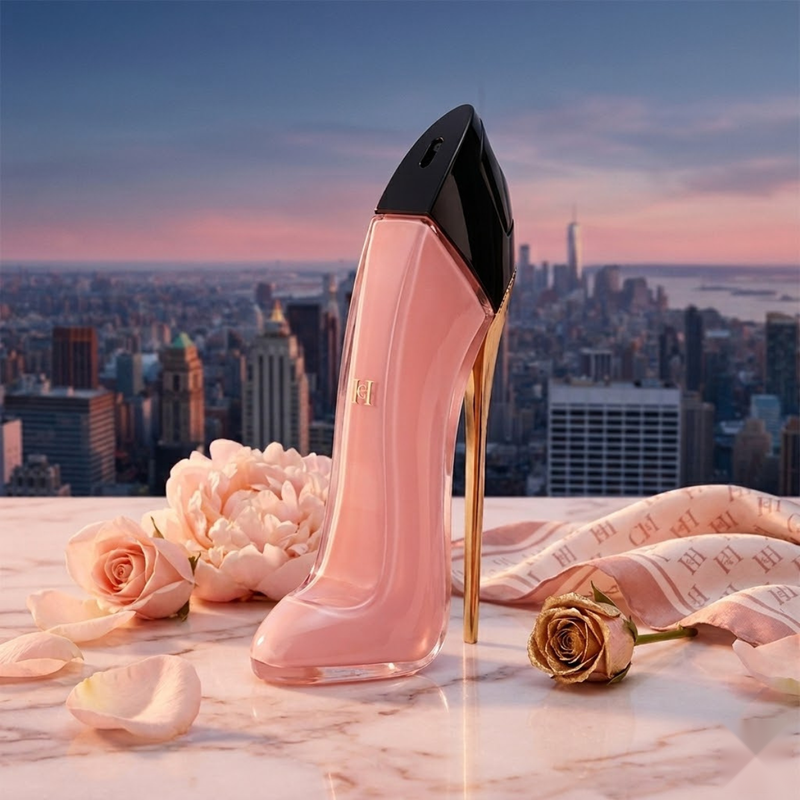 "Carolina Herrera New York Good Girl Blush EDP Spray 2.7oz / 80ml pink high heel perfume bottle displayed in an elegant setting."