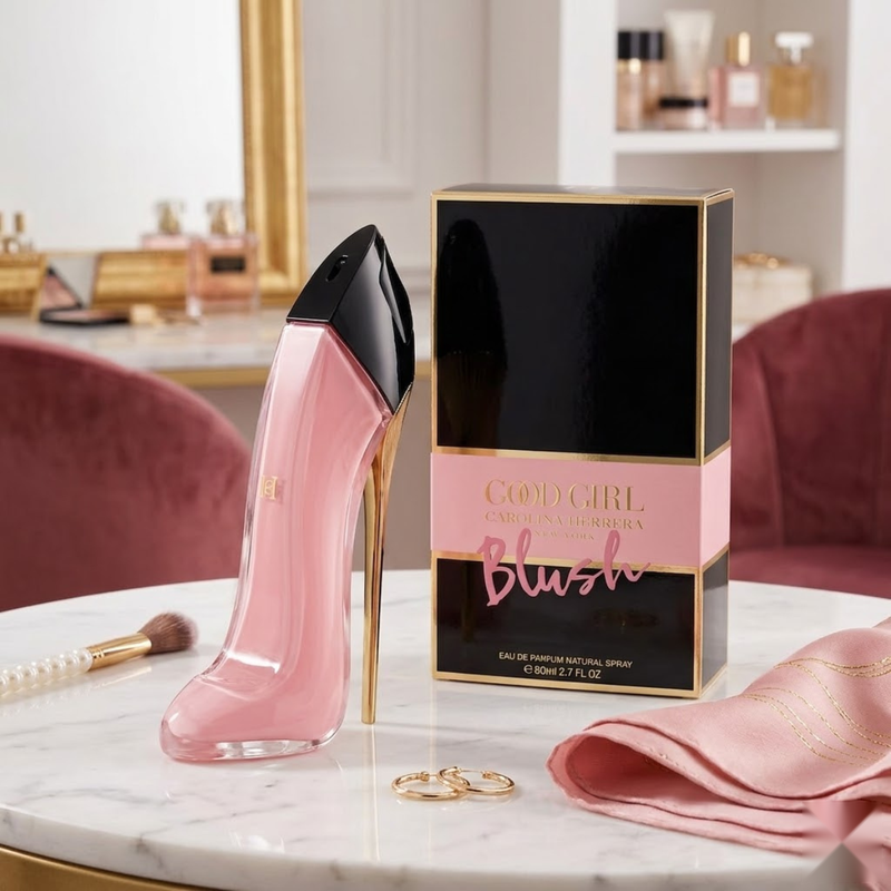 "Carolina Herrera New York Good Girl Blush EDP Spray 2.7oz / 80ml perfume bottle and matching black and pink box displayed in an elegant setting."