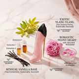 Carolina Herrera New York Good Girl Blush perfume bottle displayed with ylang ylang flowers, peony flowers and decorative fragrance ingredients."