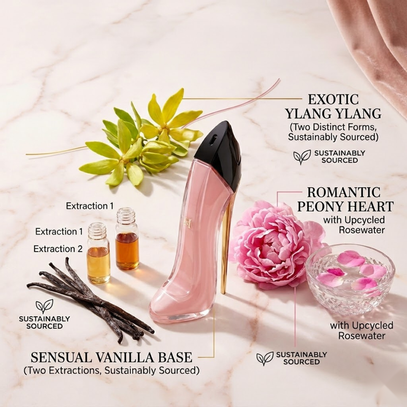 Carolina Herrera New York Good Girl Blush perfume bottle displayed with ylang ylang flowers, peony flowers and decorative fragrance ingredients."