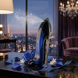 "Carolina Herrera New York Good Girl EDP Spray 2.7oz / 80ml perfume bottle displayed in an elegant setting with a city skyline."