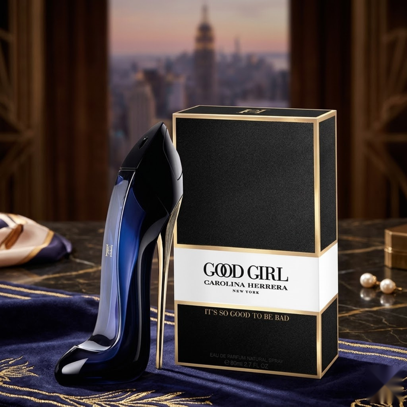 "Carolina Herrera New York Good Girl EDP Spray 2.7oz / 80ml perfume bottle and matching black box displayed against a city skyline."