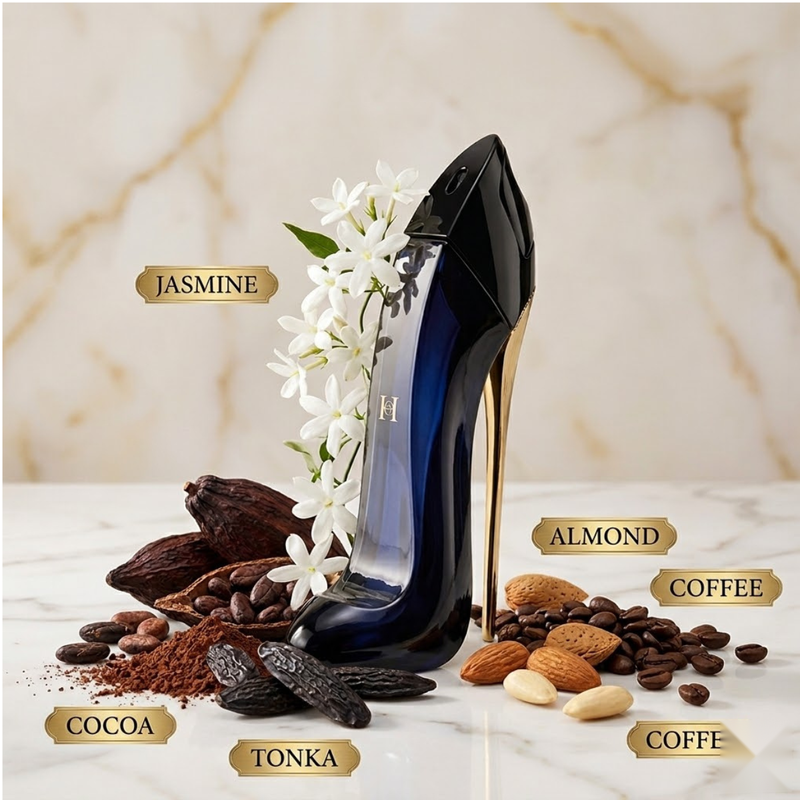 "Carolina Herrera New York Good Girl perfume bottle displayed with flowers, coffee beans, almond and decorative fragrance ingredients."