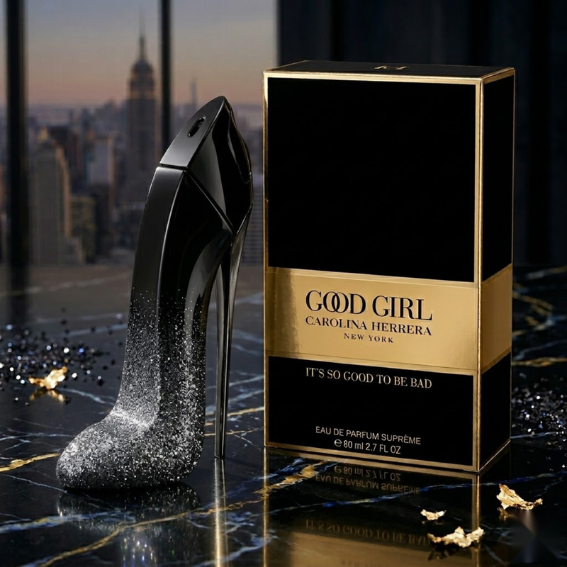 "Carolina Herrera New York Good Girl Suprême EDP Spray 2.7oz / 80ml perfume bottle and matching black and gold box displayed against a city skyline."