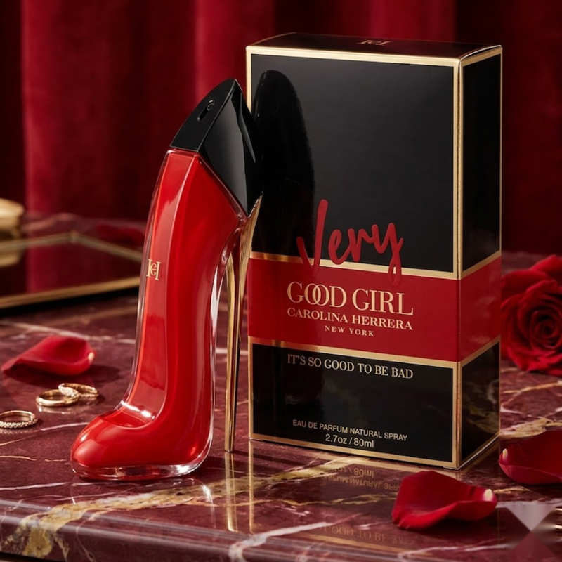 "Carolina Herrera New York Very Good Girl EDP Spray 2.7oz / 80ml perfume bottle and matching black and red box."