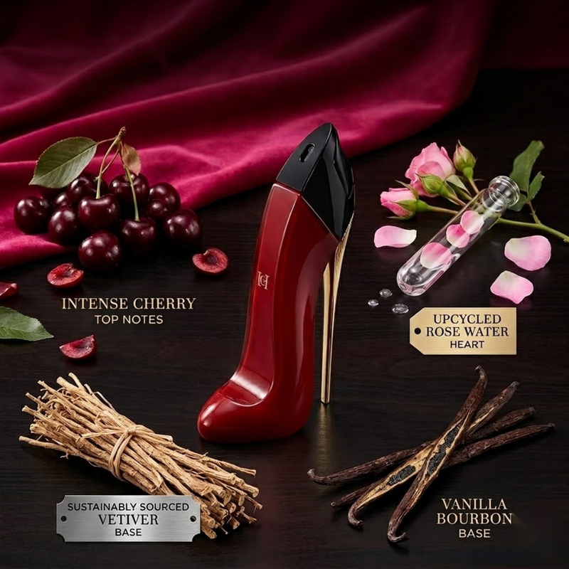 "Carolina Herrera New York Very Good Girl perfume bottle displayed with roses, cherries and decorative fragrance ingredients."