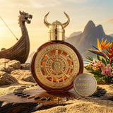 "A gold perfume bottle labeled 'Viking Rio' by Bharara, featuring a watch-inspired design, set against a dramatic background with a desert landscape, palm trees, and warm golden lighting."