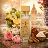 "A perfume bottle labeled 'Millesime Imperial' by Creed, styled with citrus slices, green apples, flowers, and other fragrance ingredients against a warm architectural background with soft lighting."