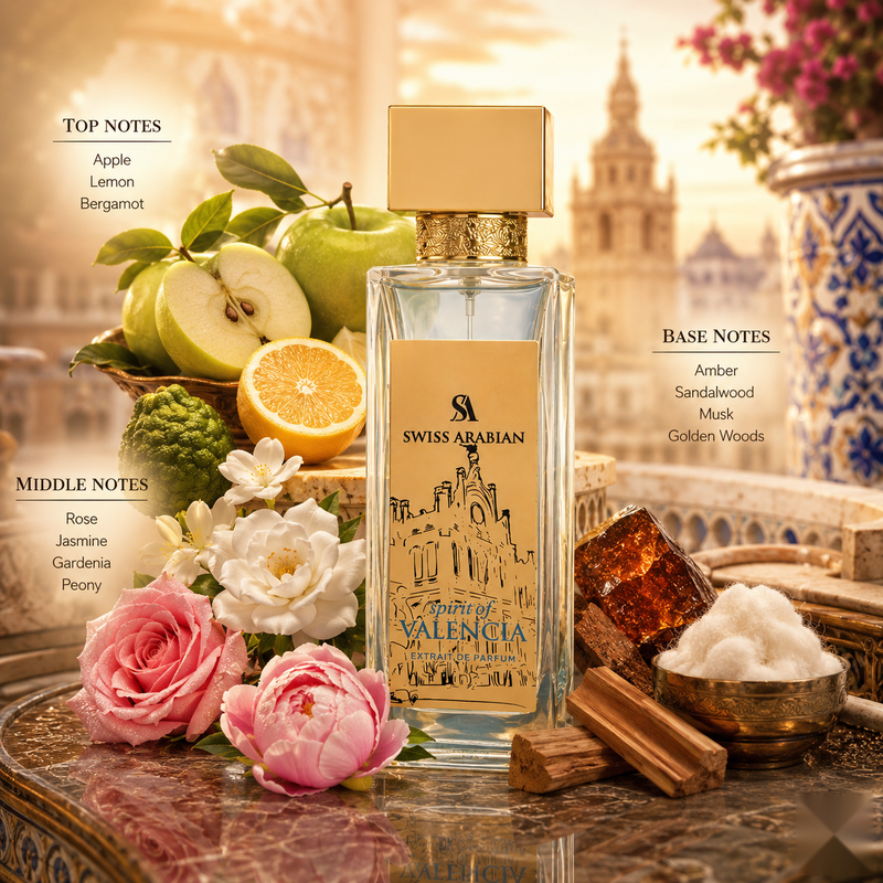 "A perfume bottle labeled 'Millesime Imperial' by Creed, styled with citrus slices, green apples, flowers, and other fragrance ingredients against a warm architectural background with soft lighting."