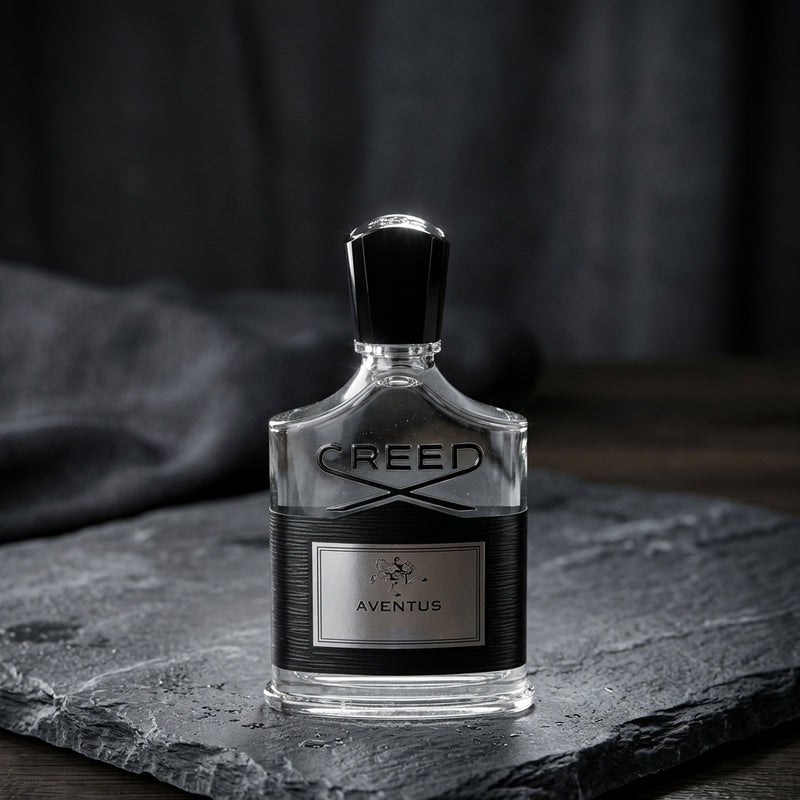 Creed Aventus Eau de Parfum Luxury Editorial Bottle Shot on Slate