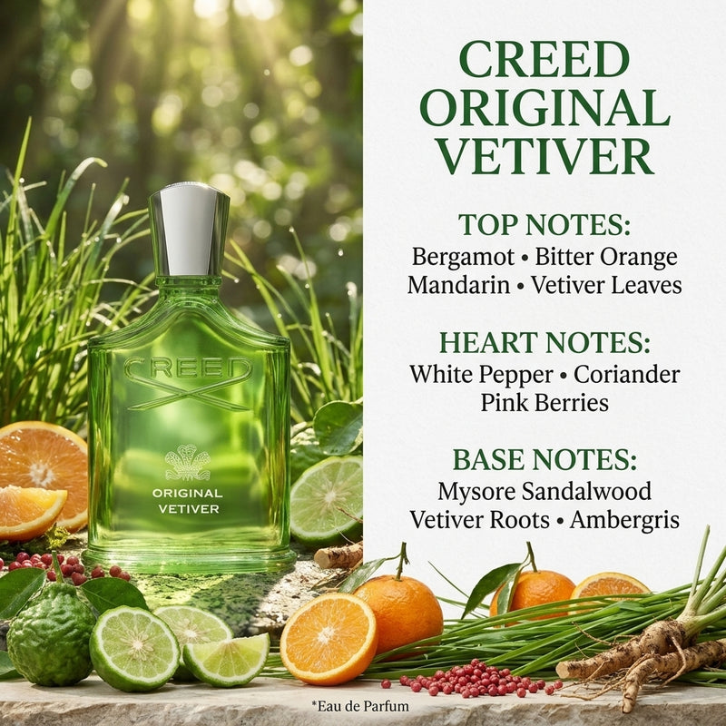 Creed Original Vetiver Eau de Parfum Fragrance Notes Pyramid Breakdown Infographic