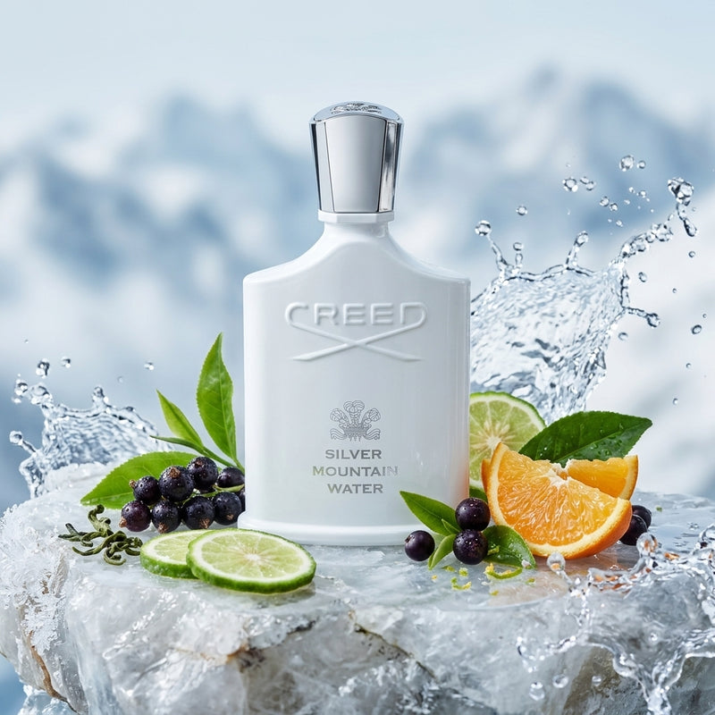 Creed Silver Mountain Water Eau de Parfum Luxury Editorial Hero Shot with Alpine Spring Water, Tea Leaves and Bergamot