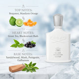 Creed Silver Mountain Water Olfactory Notes Pyramid Breakdown: Bergamot, Green Tea, Sandalwood and Musk
