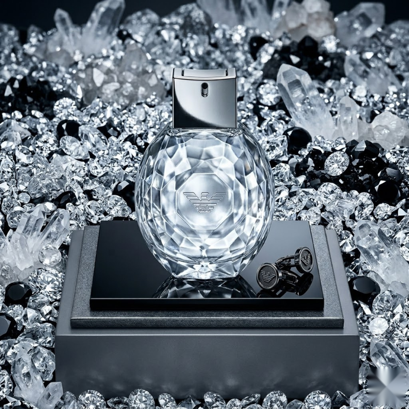 "Emporio Armani Diamonds EDP Spray 3.4oz / 100ml perfume bottle displayed in a sparkling diamond-inspired setting."