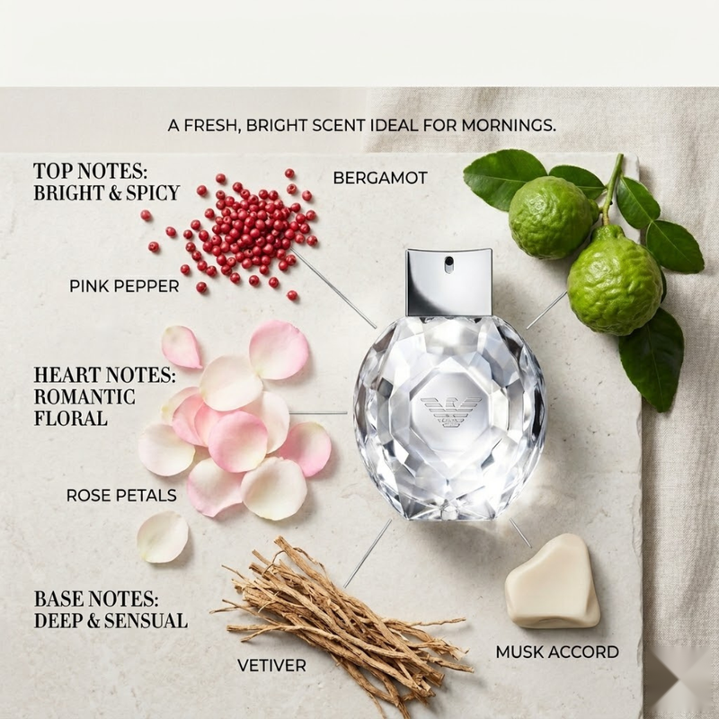 "Emporio Armani Diamonds EDP perfume bottle displayed with bergamot, pink pepper, rose petals and decorative fragrance ingredients."