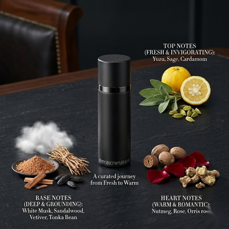 "Emporio Armani He Cologne for Men EDT perfume bottle displayed with yuzu, sage, cardamom and decorative fragrance ingredients."