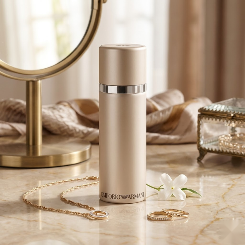 "Emporio Armani SHE / ELLE EDP Spray Women 3.4oz / 100ml perfume bottle displayed in an elegant setting."